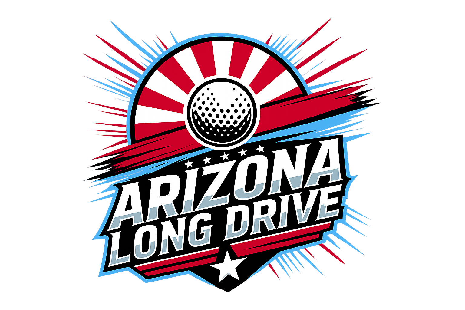 Logo for Arizona Long Drive with a golf ball and red, white, and blue design.