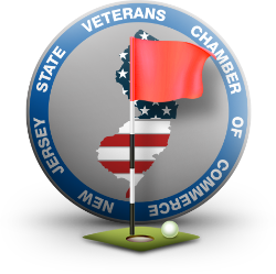 Golf flag with American flag design on a circular emblem of the New Jersey State Veterans Chamber of Commerce.