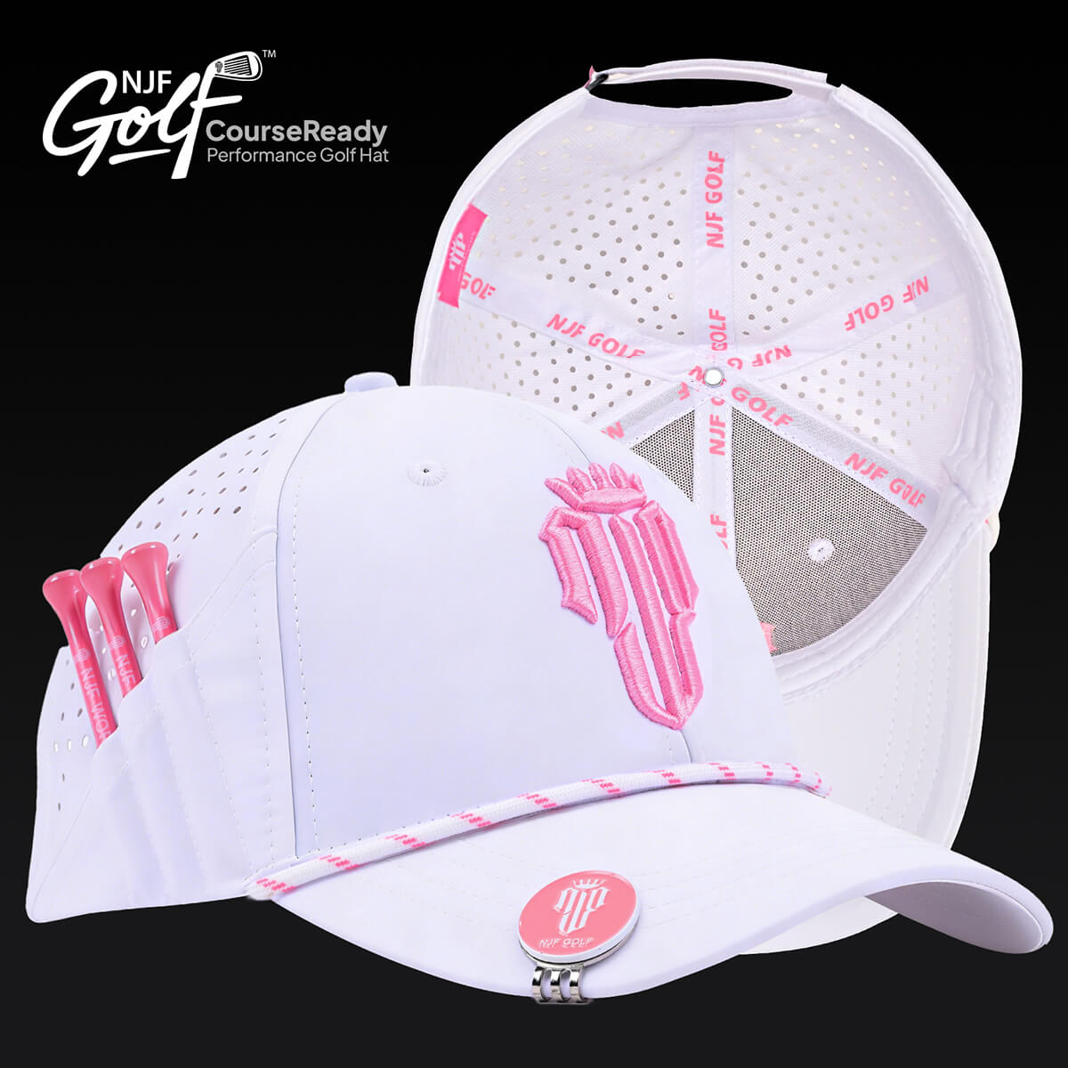 CourseReady Performance Golf Hat – White/Pink - NJF Golf™
