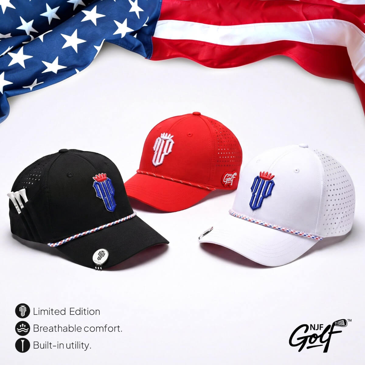 Stars & Stripes Trilogy Bundle – 3 Hat Set - White, Black, Red - NJF Golf™